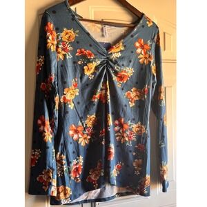 P!Phany Teal Floral Gathered V Neck Long Sleeve Top Womens Plus Size M